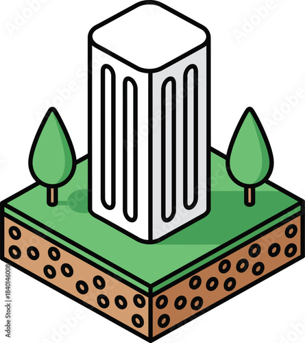Isometric illustration of a white columned monument on a square plot of green land with trees.