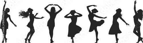 Dance silhouette women, graceful poses, ballet, contemporary movement, black figures, expressive gesture, minimal style, isolated dancers, elegant posture, choreography