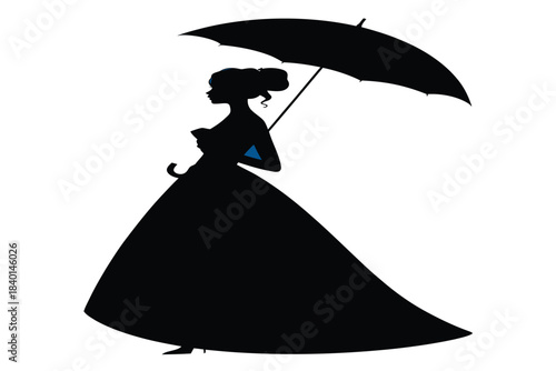 Elegant silhouette of a woman in a flowing gown holding an umbrella, evoking a sense of classic style and mystery.