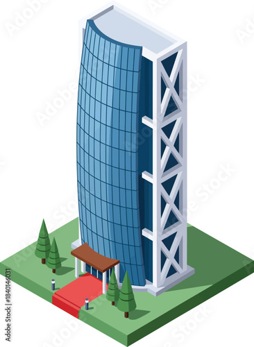 Isometric modern skyscraper with a curved blue glass facade and exposed white structural frame.