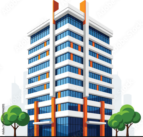 Modern multistory office building illustration with a white facade blue glass windows and orange accents.