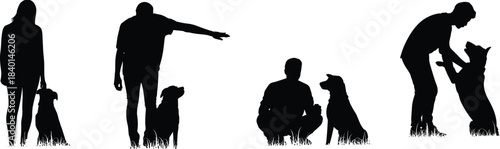 Dog, human, interaction, silhouette, posture, training, affection, companionship, black, white, graphic, illustration, gesture, sitting, standing, squatting, embrace, outdoor, behavior, minimal, bond