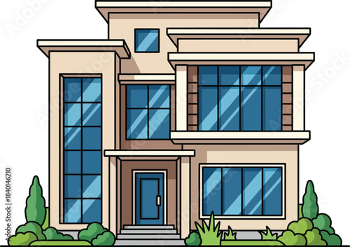 Modern twostory residential house illustration with a beige facade large blue glass windows and a flat roof design.