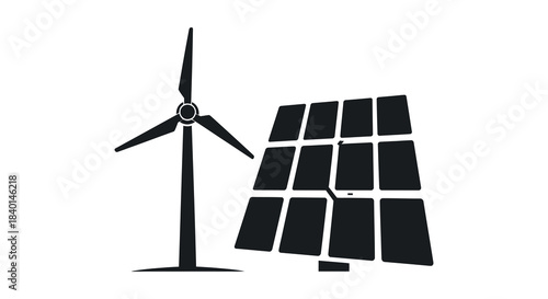 Combined renewable energy sources featuring a wind turbine and solar panel in silhouette