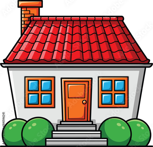 Simple cartoon house illustration with a red tiled roof brick chimney and green bushes.