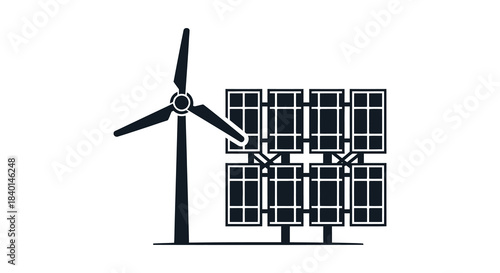 A striking image depicting a wind turbine and solar panels in a bold silhouette