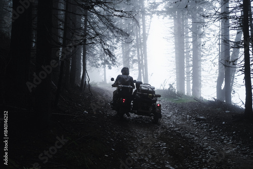 Motorcyclist with a sidecar Ural motorcycle riding through a pine forest on offroad in autumn