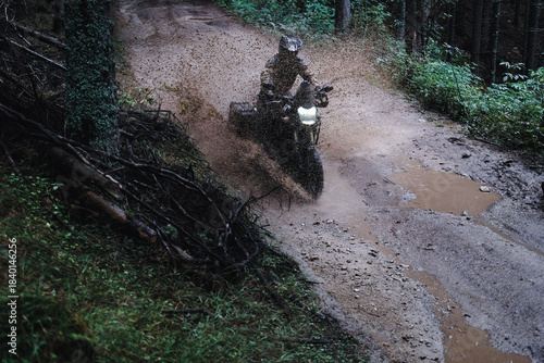 Motorcyclist riding through a pine forest on offroad in autumn