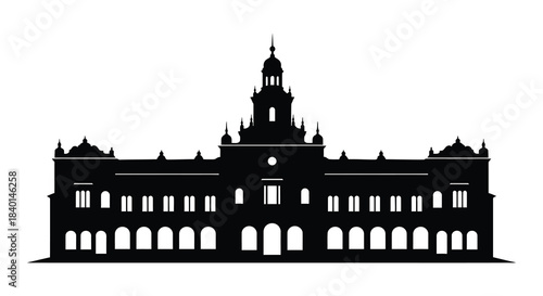 Detailed black silhouette of an ornate classical building with a prominent dome architecture silhouette