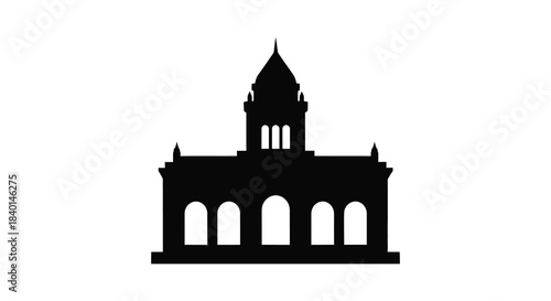 A striking black silhouette of a classical building with arched windows and a prominent dome silhouette