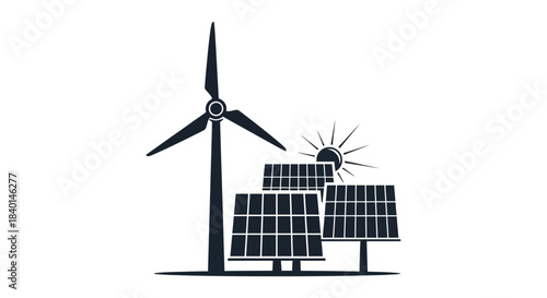A graphic depiction of wind turbine and solar panels against a sun a bold silhouette
