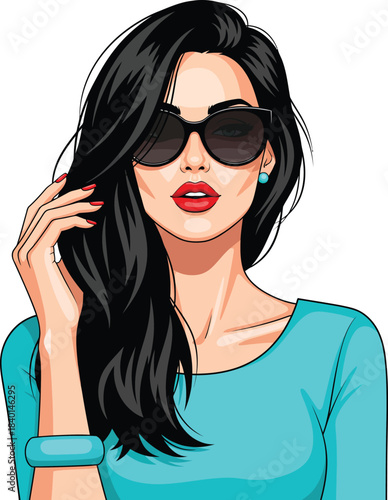 Stylish pop art woman with long black hair and dark sunglasses posing with her hand in her hair.