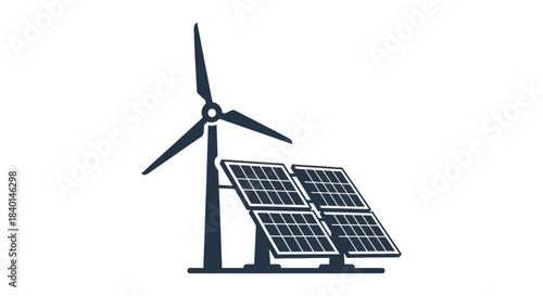 A striking image of a wind turbine and solar panels in dark bold silhouette