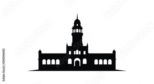 Detailed silhouette of a stately building with a prominent tower and arched entryway silhouette