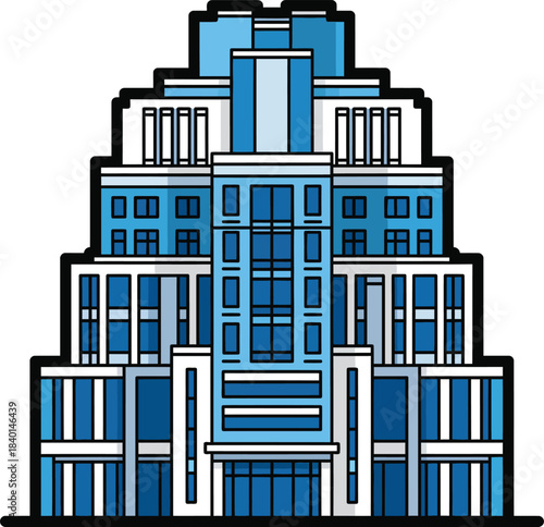 Symmetrical blue and white multistory office building with a modern tiered architectural design.
