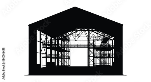 Detailed architectural rendering of a building s interior shown as a striking black silhouette