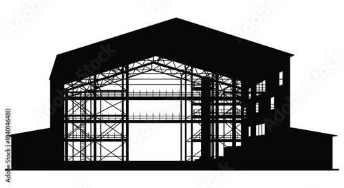 Detailed architectural rendering of a large barn structure in black and white silhouette