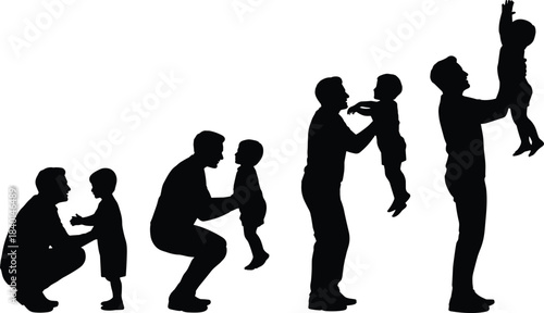 Father child silhouette lifting sequence, emotional bond, playful interaction, black illustration, parenting gesture, family moment, physical connection, love expression