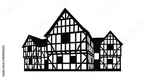 detailed black and white illustration of a traditional european building featuring ornate woodwork silhouette