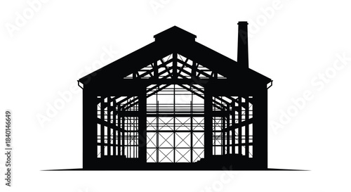 Detailed depiction of a classic farmhouse structure with a chimney captured as a silhouette