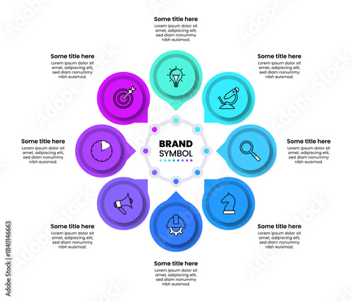 Infographic template. 8 circles with icons and title in the middle