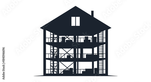Detailed cross section of a house structure showcasing interior design in a dark silhouette