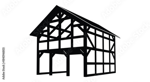 Detailed black and white illustration of a traditional half timbered house a striking silhouette