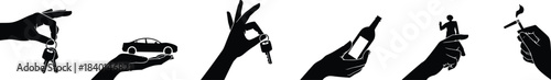 Hand, silhouette, object, gesture, key, car, bottle, cigarette, person, black, white, graphic, illustration, minimal, symbol, responsibility, choice, habit, danger, lifestyle, awareness