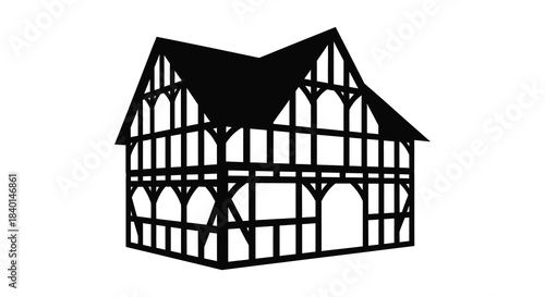 Detailed illustration of a traditional timber framed building showcasing architectural design silhouette
