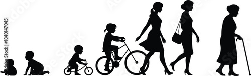 Human life stages silhouette, aging progression, baby to elderly, developmental timeline, black illustration, walking posture, childhood to old age