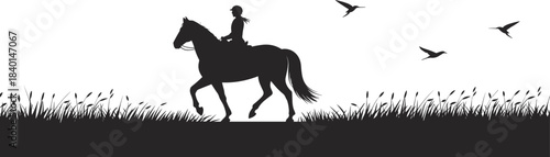 Horse rider silhouette in grassy field, equestrian outdoor scene, nature wildlife illustration, helmet safety, birds flying, countryside adventure, peaceful moment