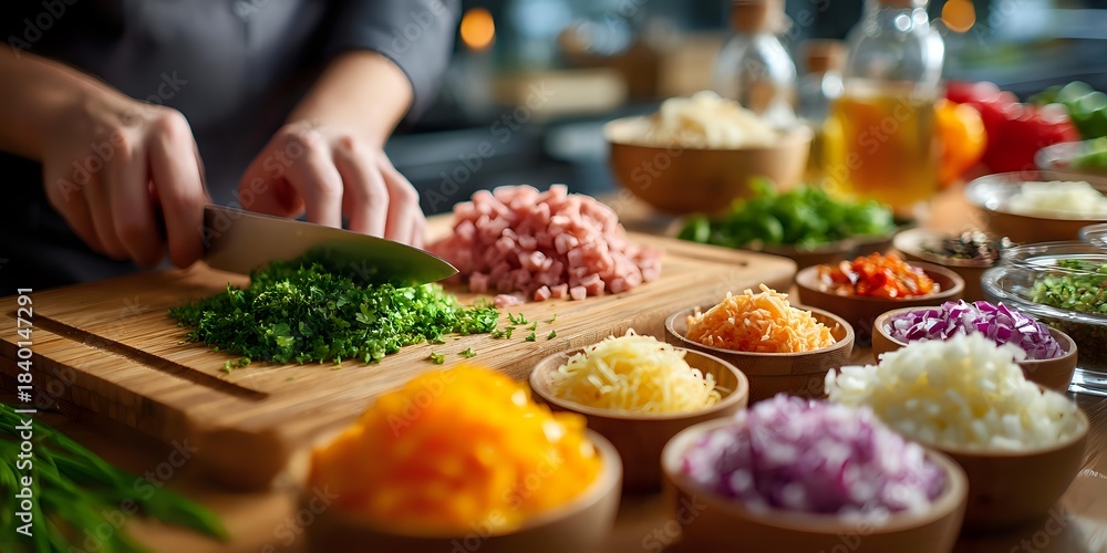 Obraz premium Chef chopping fresh herbs on wooden cutting board with colorful diced vegetables in small bowls ready for cooking preparation.