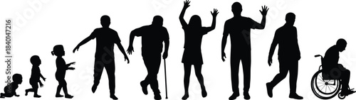 Human, life, silhouette, aging, stages, development, posture, mobility, black, white, graphic, illustration, baby, adult, elderly, cane, wheelchair, growth, timeline, lifespan, cycle