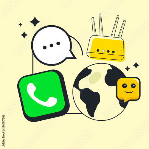Global digital communication and internet connection vector illustration. Perfect for tech, network, router, messaging, and connectivity concepts. Featuring Wi-Fi, chat bubble, phone call, access