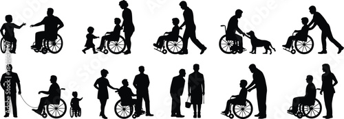 Inclusion, silhouette, wheelchair, interaction, people, posture, gesture, support, care, black, white, graphic, illustration, accessibility, family, social, minimal, 