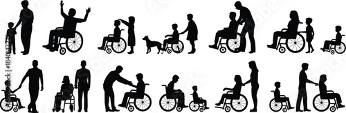Inclusive silhouette scene, wheelchair users, caring interaction, diverse people, black figures, minimal style, accessibility concept, empathy, support, community connection