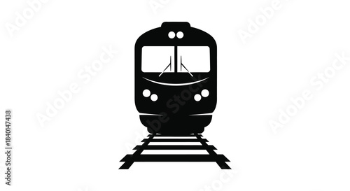 A striking black train front view illustration with railway tracks depicted as a clean silhouette