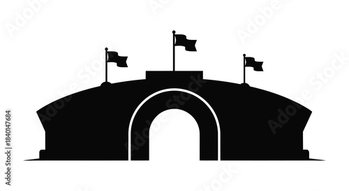 A striking black silhouette of an arched bridge with flags a minimalist architectural form silhouette
