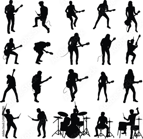 Musician, silhouette, guitar, drum, posture, gesture, black, white, graphic, illustration, performance, rock, pop, energy, dynamic, minimal, concert, music, band, instrument, stage