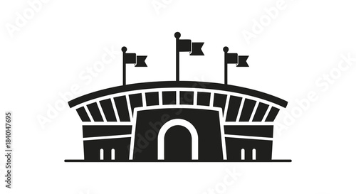 A striking black silhouette of a stadium with flags waving proudly in the breeze silhouette