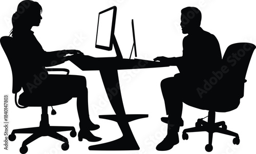 Office, silhouette, people, computer, desk, chair, posture, collaboration, black, white, graphic, work, typing, monitor, technology, illustration, professional, seated, modern, interaction, workplace