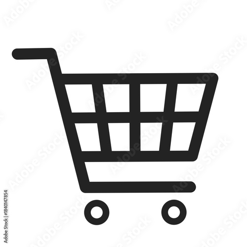 Single black outline icon of a classic shopping cart, representing e-commerce, purchasing, and online checkout