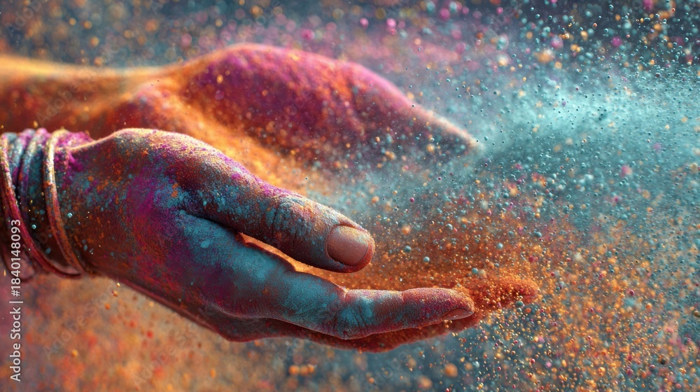 Fototapeta premium Indian woman hands releasing Holi pigments, colorful dynamic powder trails, cultural festivity and vibrant seasonal renewal