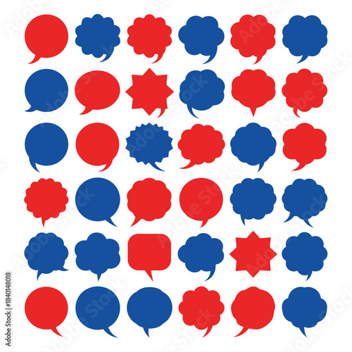 a vibrant arrangement of alternating red and blue speech bubbles filling the frame in a patterned symmetrical and visually striking display