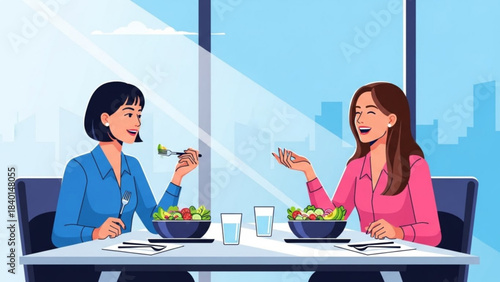 Two women enjoying healthy lunch break eating salad at office table with city view casual conversation and teamwork concept
