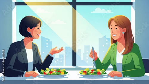 Two businesswomen having lunch and discussing ideas flat vector illustration for corporate communication and team building concepts