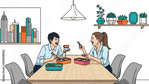 Two women enjoying lunch break together sharing food and conversation at a table office break room illustration