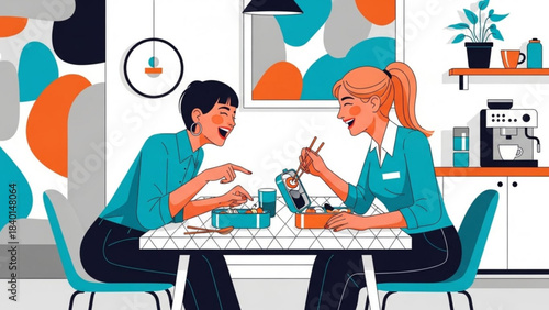 Two women enjoying lunch together at a table sharing a meal and conversation modern flat illustration for lifestyle and food concepts