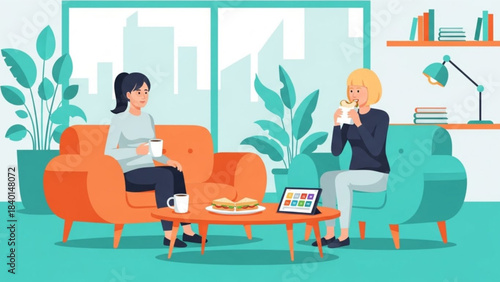 Two women friends chatting and eating in a modern living room casual conversation and relaxation flat vector illustration