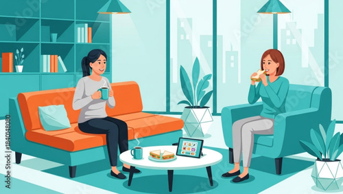 Two women enjoying coffee and snacks in a modern living room relaxing at home with a tablet on the coffee table casual lifestyle scene
